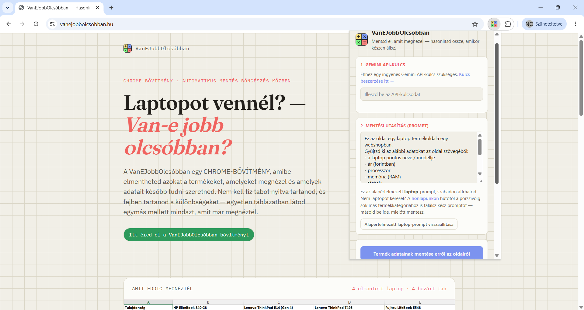 A VanEJobbOlcsóbban bővítmény felülete első megnyitáskor