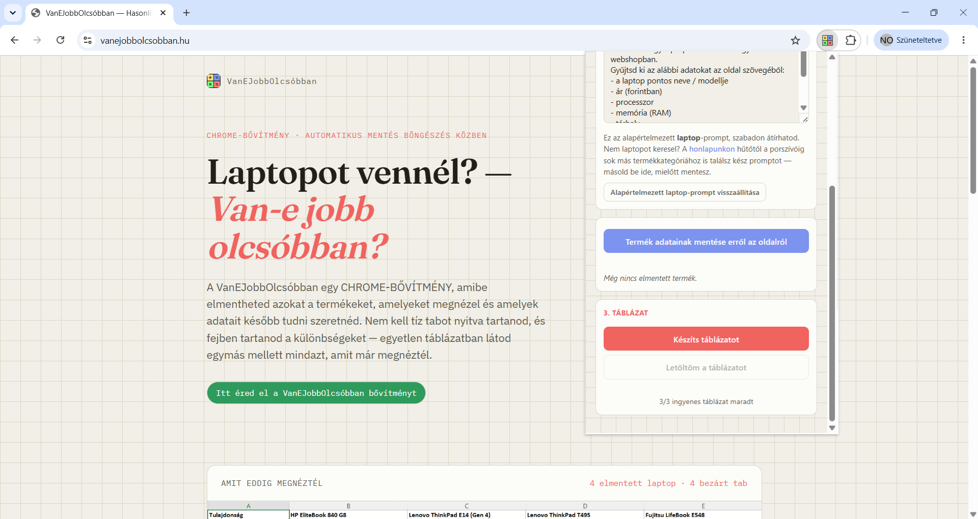 A VanEJobbOlcsóbban bővítmény felülete elmentett laptopokkal és elkészült táblázattal