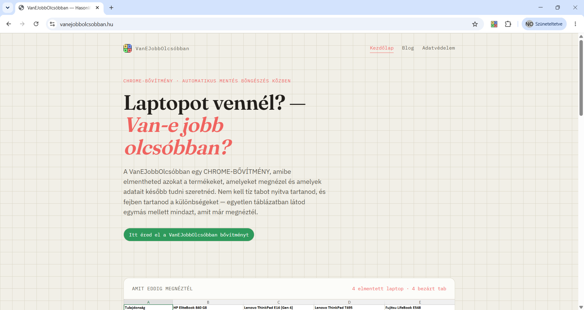 A VanEJobbOlcsóbban honlapja a zöld, Chrome Web Store-ra mutató gombbal
