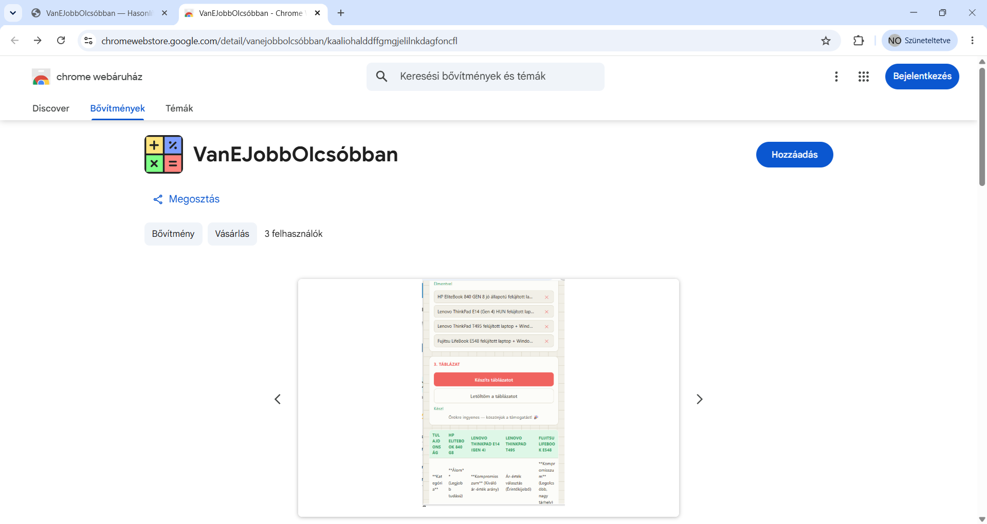 A VanEJobbOlcsóbban oldala a Chrome Web Store-ban a Hozzáadás gombbal