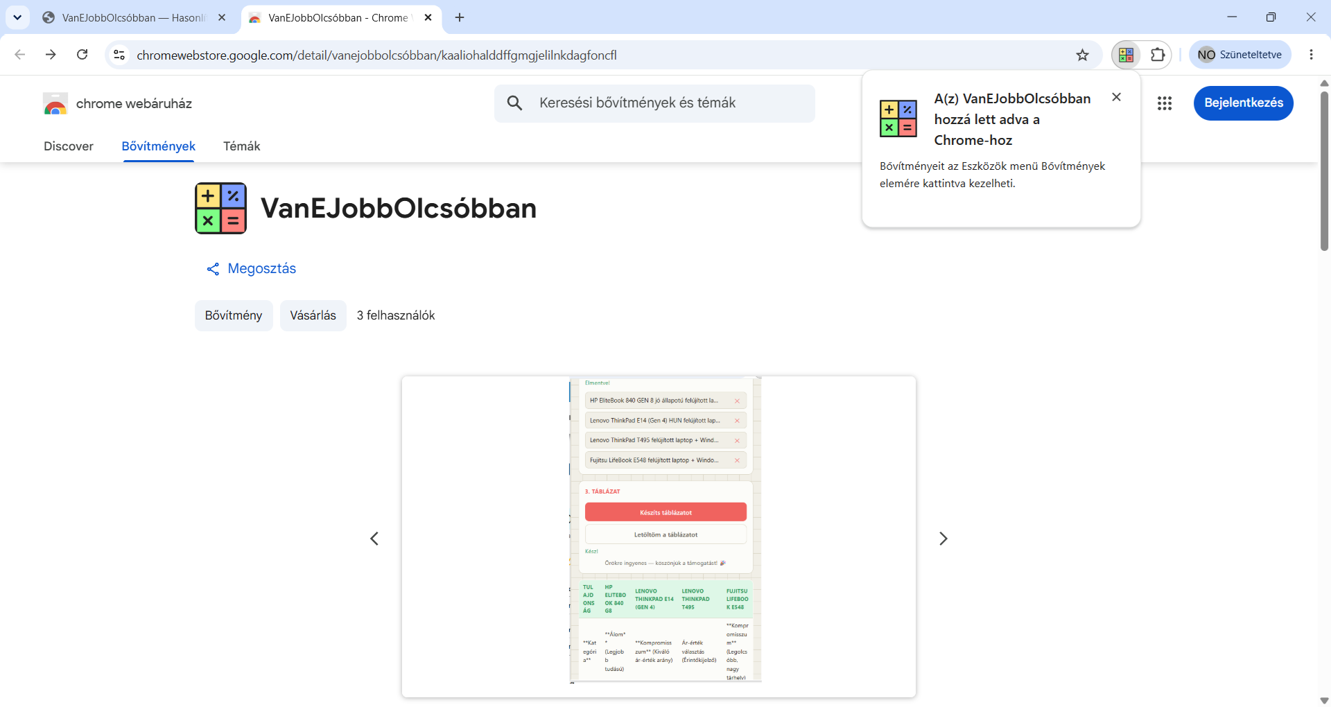 Visszaigazolás, hogy a VanEJobbOlcsóbban hozzá lett adva a Chrome-hoz