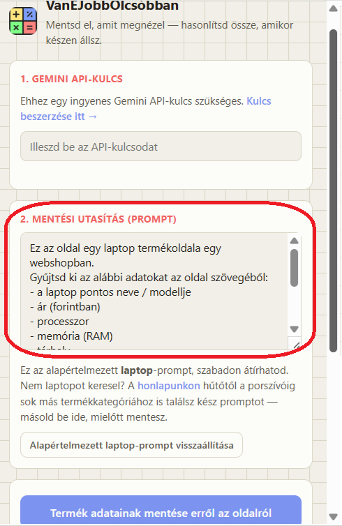 A bővítmény mentési utasítás (prompt) mezője, amit szabadon átírhatsz laptop helyett bármilyen más termékre