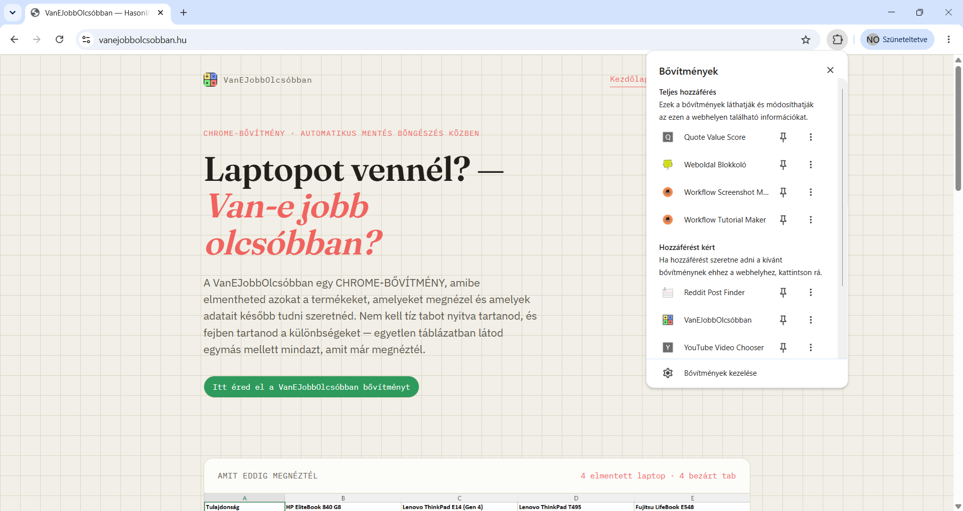 A Chrome bővítmények menüje, ahol a VanEJobbOlcsóbban megtalálható